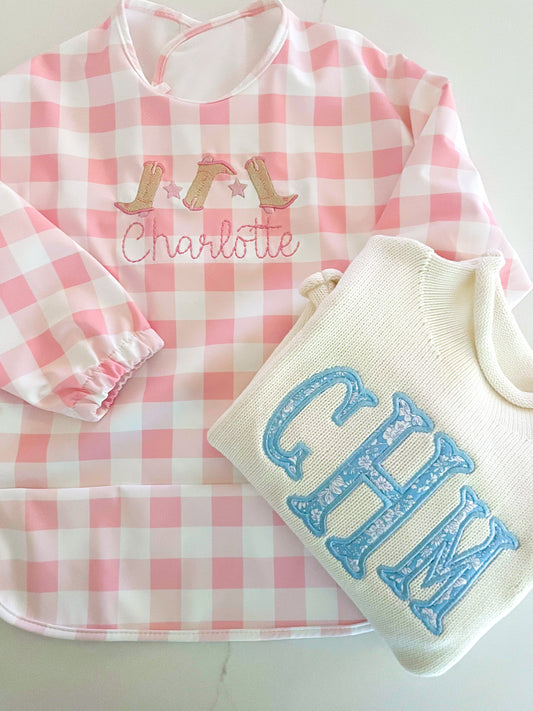 Long Sleeve Catch All Bib - Pink Gingham